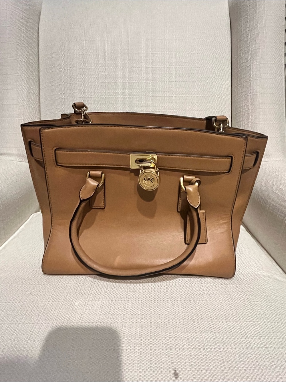 Michael Kors Cognac Leather Satchel with Gold Tone Lock